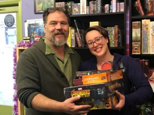 Dave and Rowan with some of the donated games. 