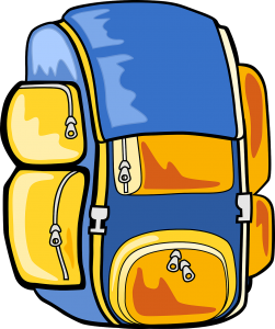 Graphic of a blue and yellow backpack with zipper pocketes on the side and front.