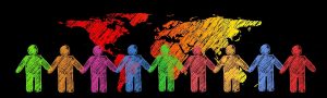 "Stick figure" humans with joined hands, standing in front of a world map