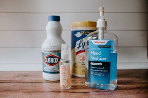 photo of cleaning supplies and hand sanitizer