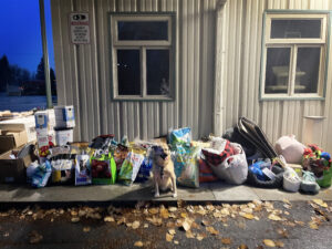 Bags of donations for pets lined up against a wall with a tan dog sitting in front