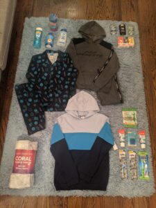 athletic clothing and assorted toiletries