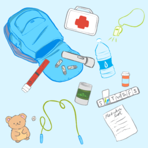 Light blue background with drawings of emergency supplies like a first aid kit, water bottle, and medication.