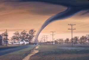 An artist's sketch of a tornadoes reaching towards a generic street. There are a few white houses along the road. 