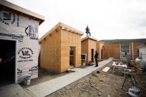 tiny houses under construction for use as shelters